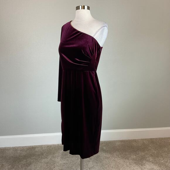 Alex Evenings Velvet One Shoulder Midi Sheath Cocktail Dress Wine Red Size 8 - Picture 4 of 11